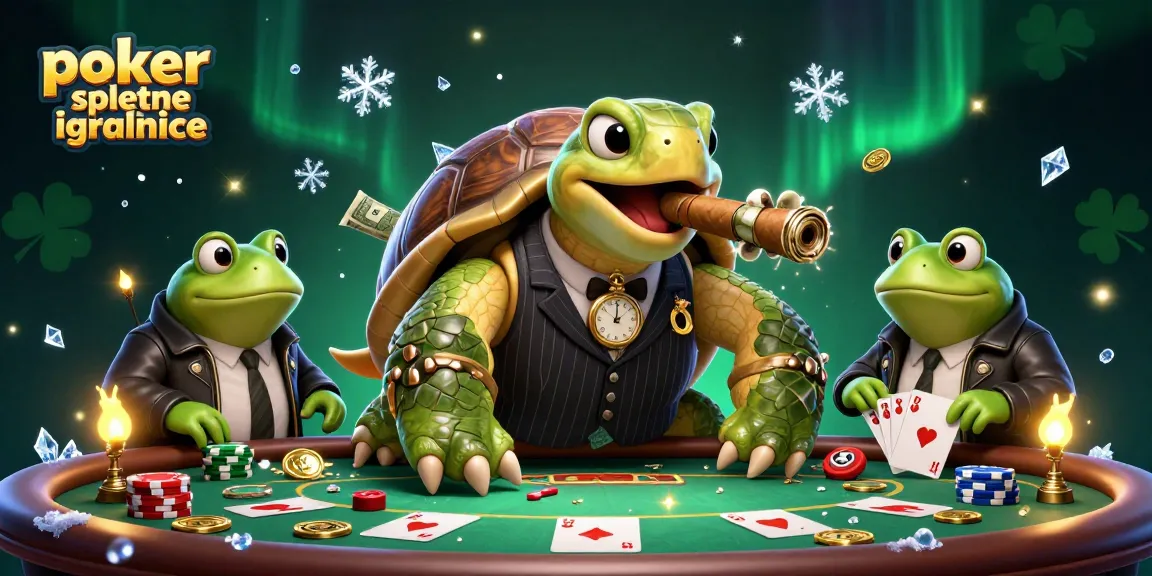 Akcija na poker spletne igralnice z mizo, žetoni in zmagovalno kombinacijo kart.