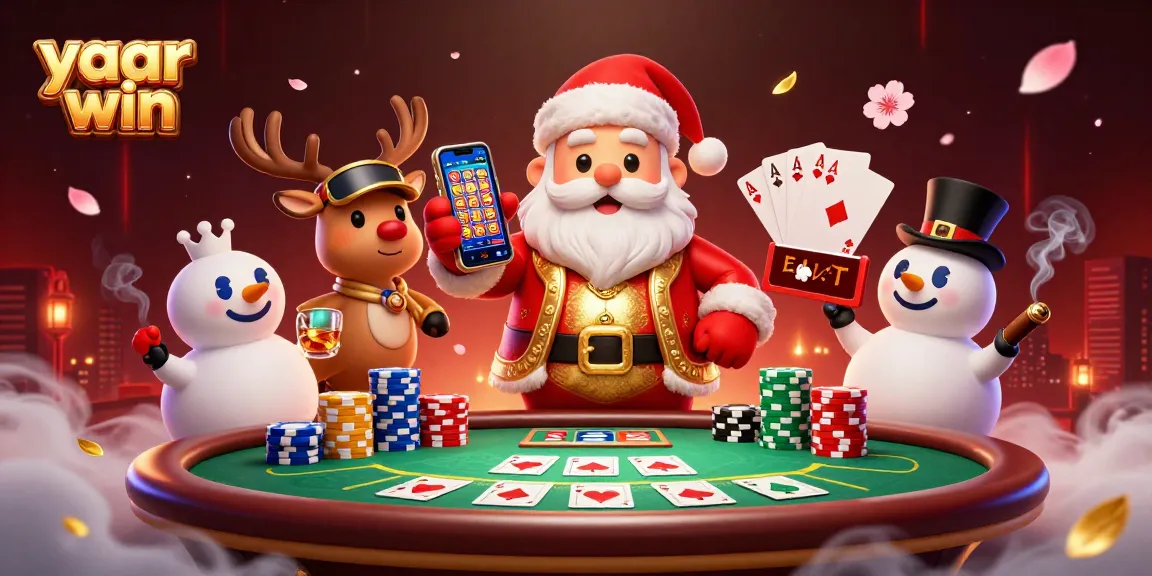 Engage in thrilling slots with yaar win—Santa, reindeer, and snowman celebrating in a vibrant casino scene.