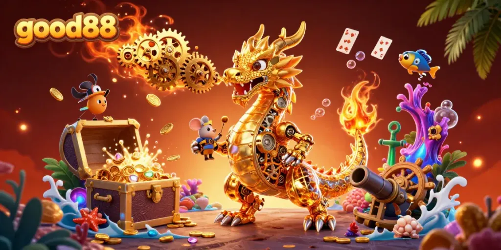 Engage with exciting games at good88, featuring a golden dragon and vibrant casino elements.
