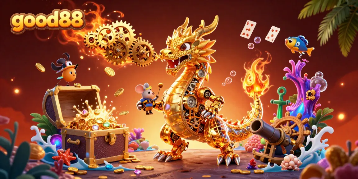 Engage with exciting games at good88, featuring a golden dragon and vibrant casino elements.