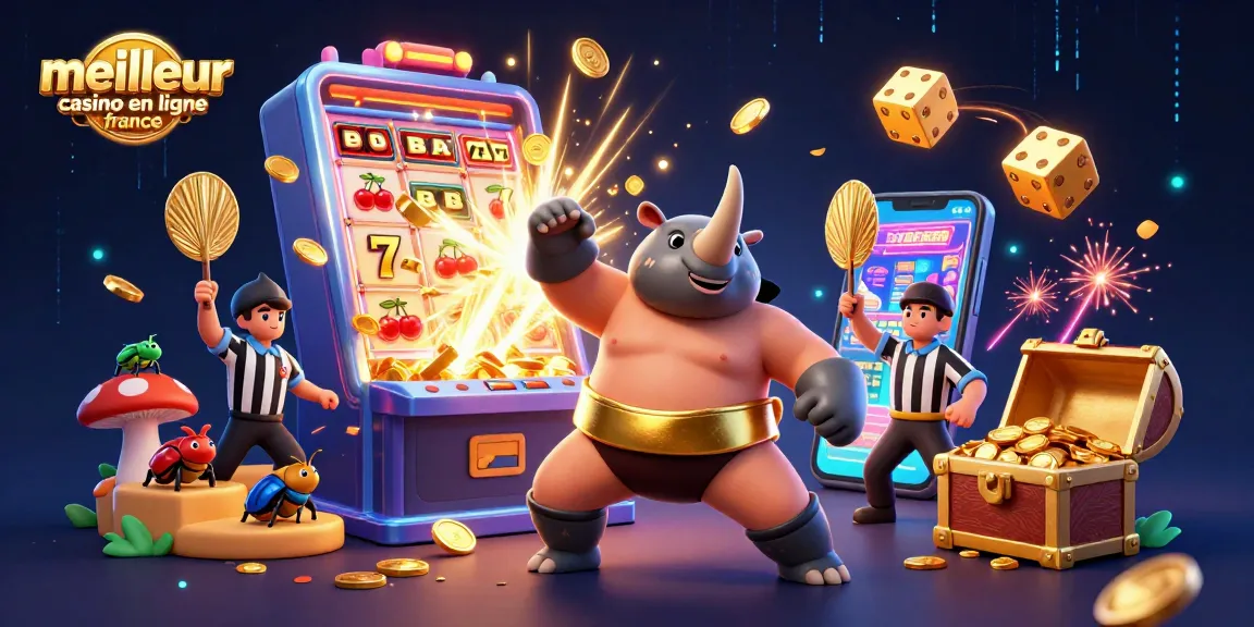 Illustration d'un championnat de sumo de rhinocéros avec le meilleur casino en ligne France, entouré de pièces d'or et de machines à sous.