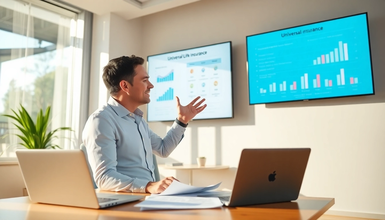 Financial advisor explaining Universal life insurance explained with digital charts in a bright office.