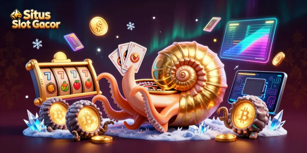 Situs Slot Gacor menyajikan ilustrasi mendalam dengan nautilus raksasa dan simbol slot klasik.