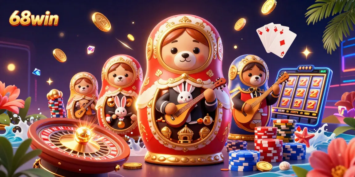 Experience gaming thrills with 68win, illustrated in a vibrant 3D casino scene.