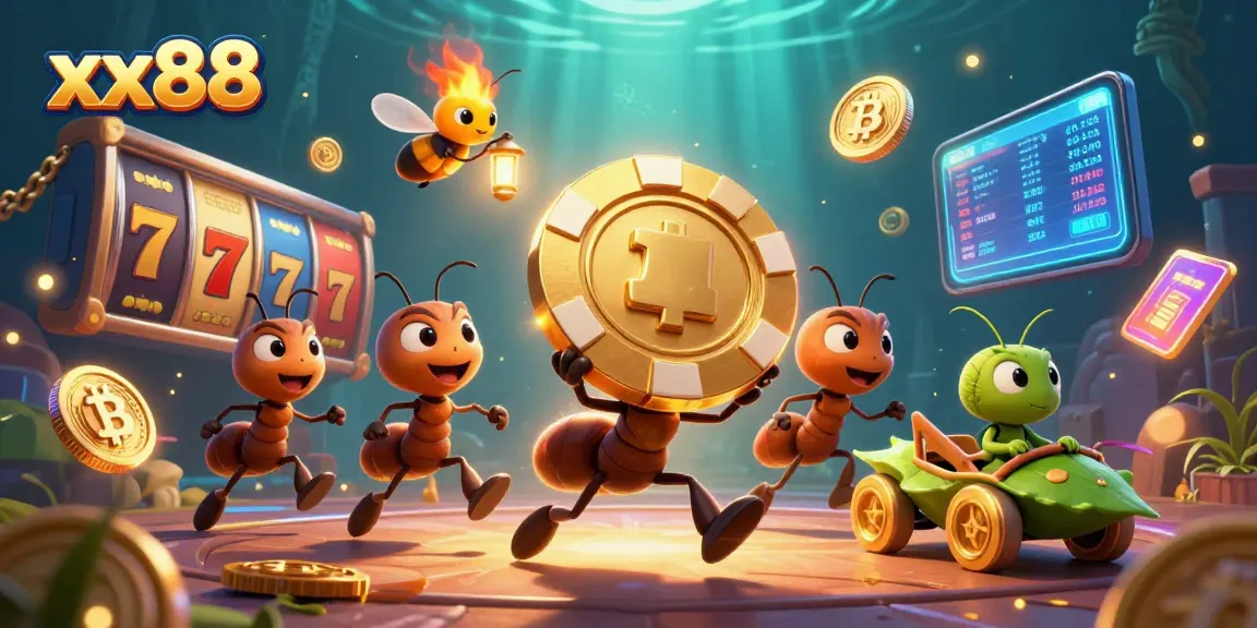 Experience the excitement of xx88 with a vibrant 3D heist scene featuring ants, poker chips, and crypto