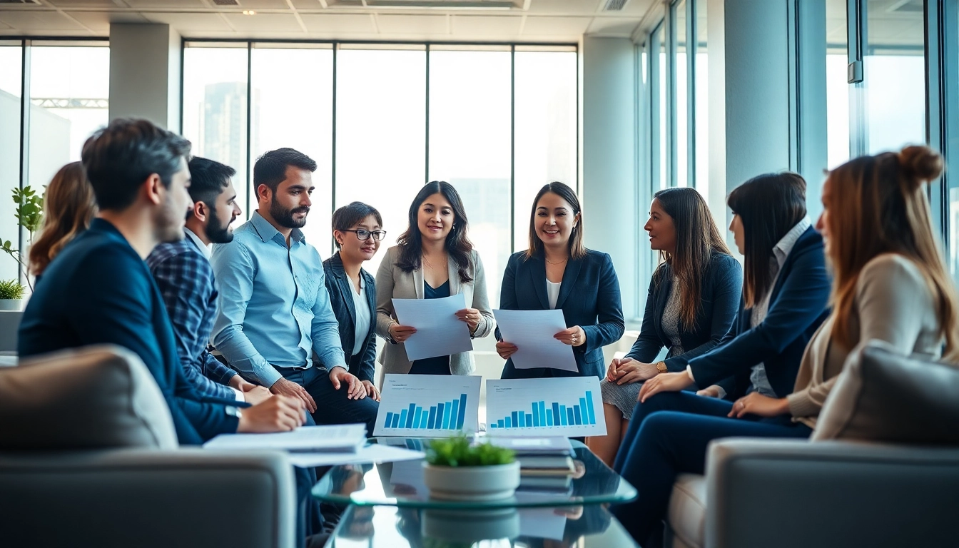 Collaboration among recruiting agencies professionals in a bright office environment with data visuals.