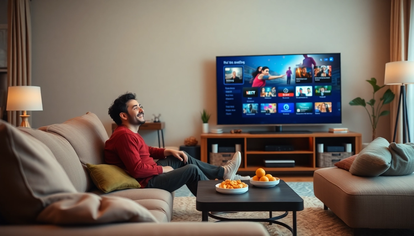 Enjoying FREE IPTV Trial on a modern smart TV in a cozy living room.