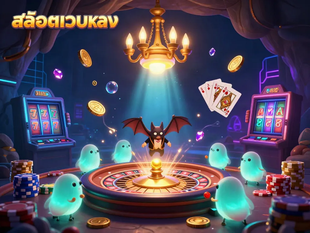 Engage with the vibrant สล็อตเว็บตรง casino scene featuring bioluminescent glowworms illuminating gaming elements amidst cascading gold coins and a roulette wheel.