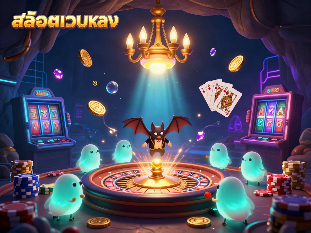 Engage with the vibrant สล็อตเว็บตรง casino scene featuring bioluminescent glowworms illuminating gaming elements amidst cascading gold coins and a roulette wheel.
