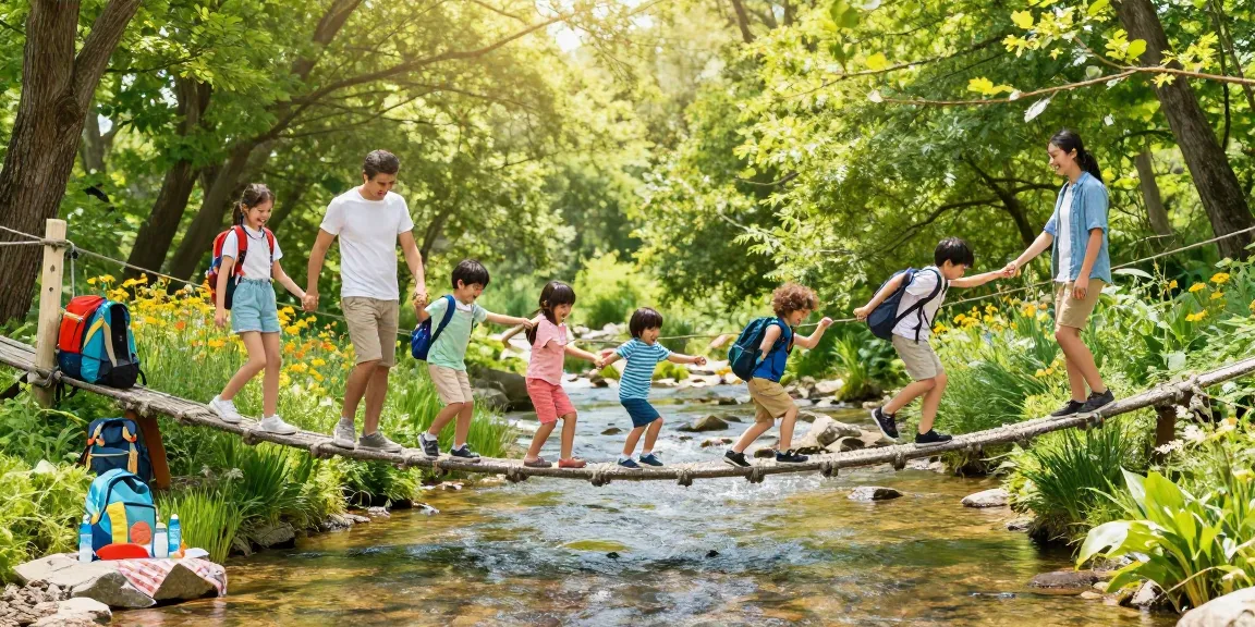 Family crossing a river rope bridge, enjoying nature and adventure.