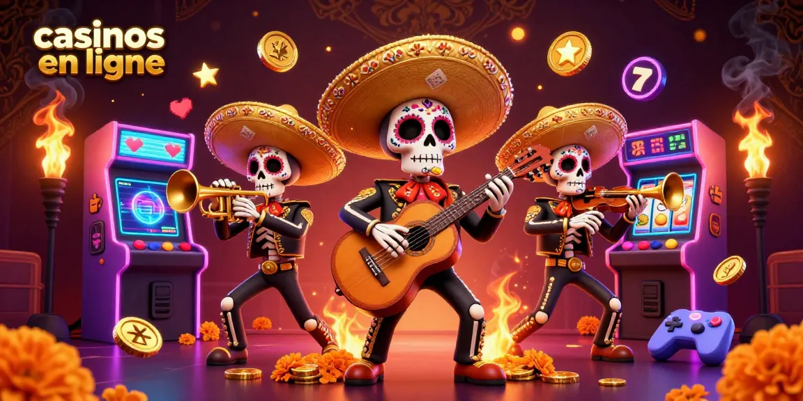 Profitez des jeux dans les casinos en ligne avec une scène festive de mariachi colorée et des éléments de machine à sous.