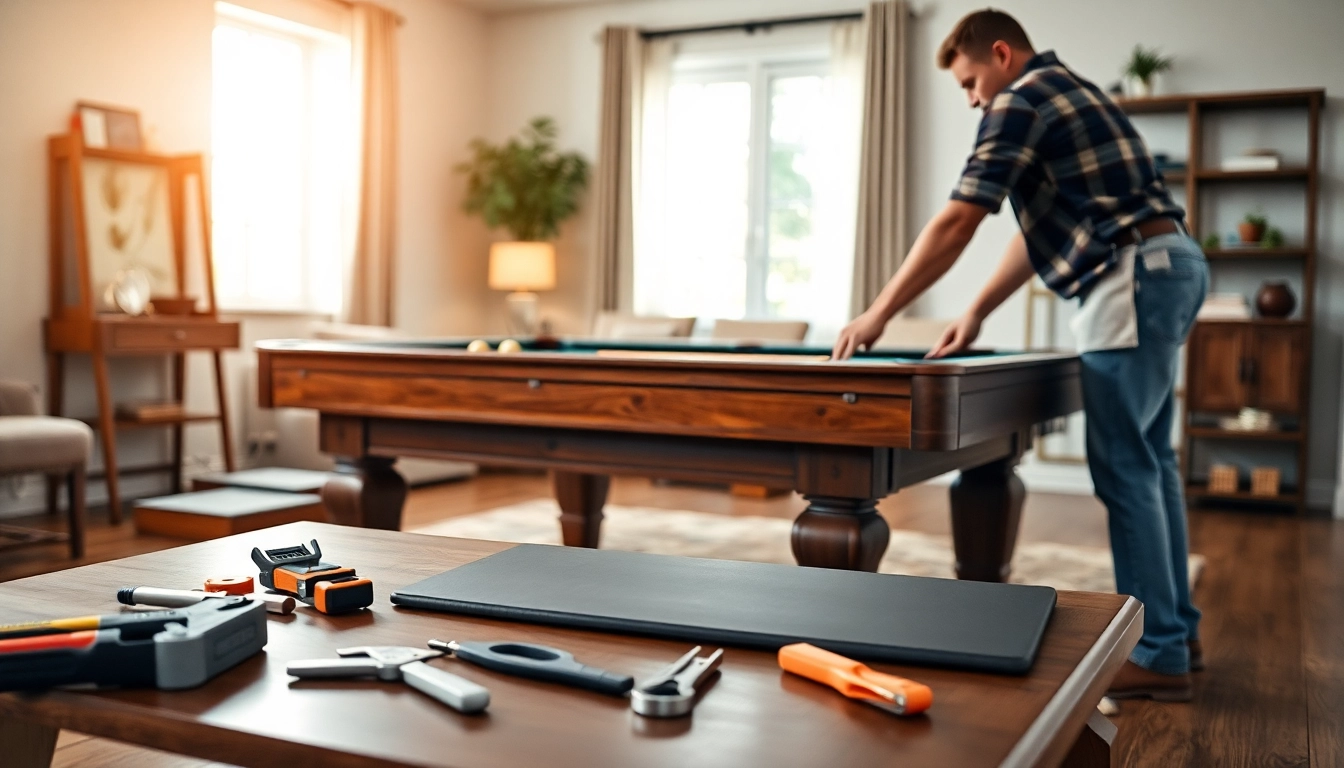 Pool table mover delicately disassembling a slate pool table in a bright living room.