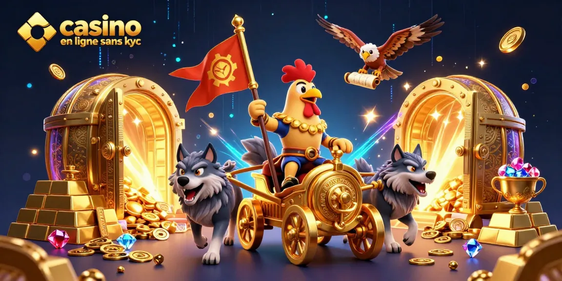 Jouez sur casino en ligne sans kyc avec un roi coq guerrier, trésors et lumières magiques.