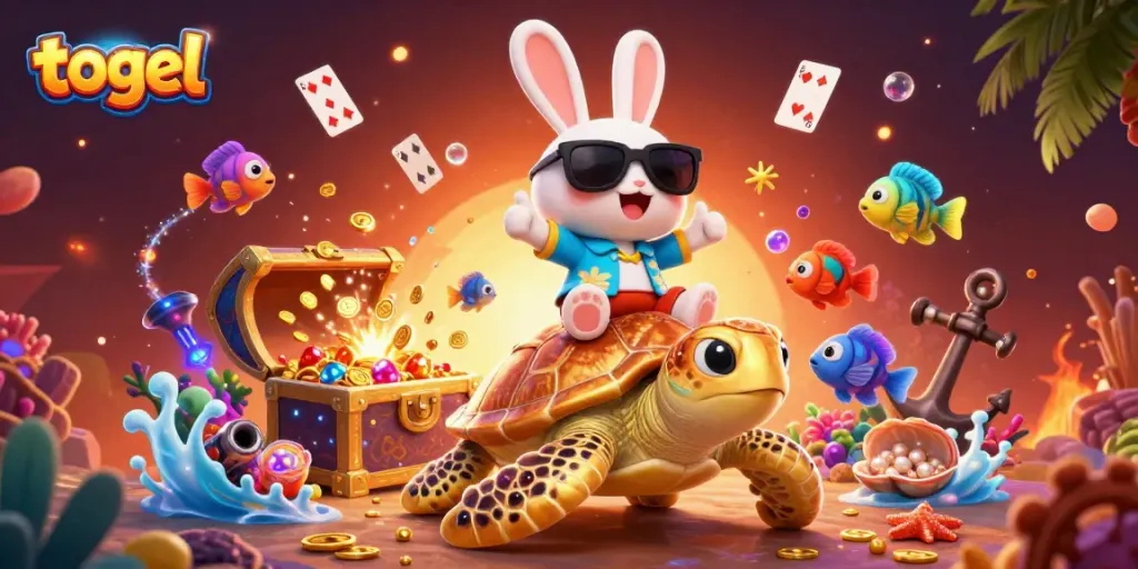 Menangkan togel sambil menikmati ilustrasi 3D kartun dengan kelinci bahagia dan kura-kura emas.