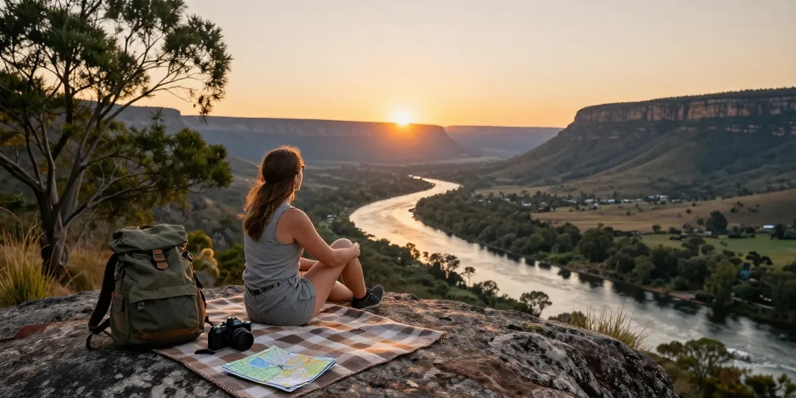 Enjoying a breathtaking view of Magaliesburg Accommodation during sunset, traveler with gear amidst nature.