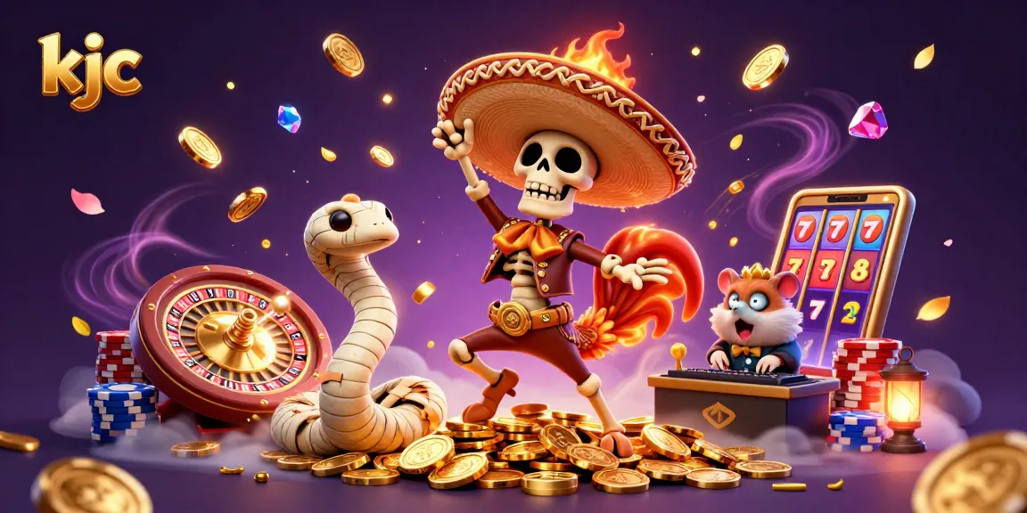 KJC promotes a lively casino scene with a dancing mariachi rooster, golden coins, and a lively DJ hamster.