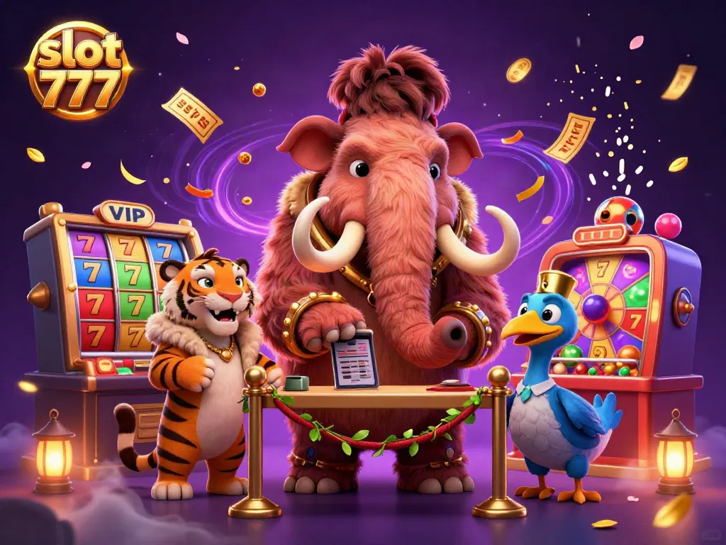 Permainan slot 777 menghadirkan karakter lucu termasuk mammoth dan harimau, dikelilingi elemen kasino menarik.