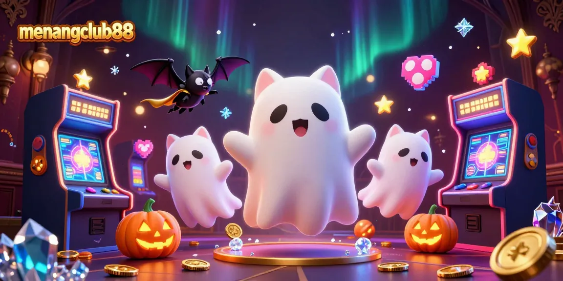 Play thrilling games at menangclub88 with a whimsical ghost cat and bat in an enchanting casino scene.