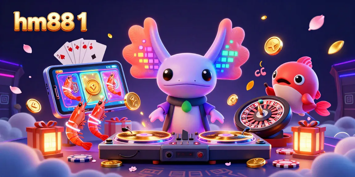 Experience exciting gameplay with hm88 1 through a vibrant scene of a neon axolotl DJ and animated casino elements.