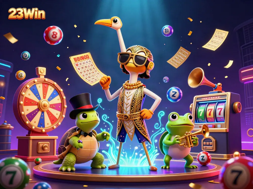 Win big with 23Win in this vibrant casino scene featuring lottery elements and rich details.