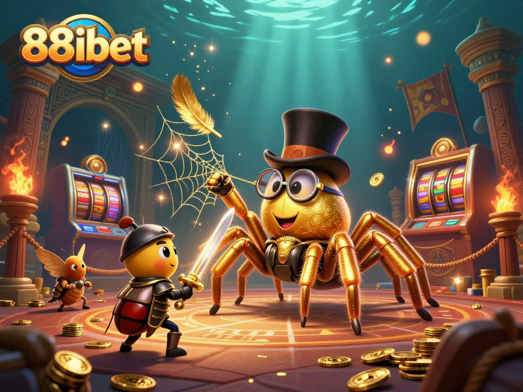 Experience the thrill of 88ibet's gaming arena with a giant golden tarantula and beetle knight in this captivating illustration.