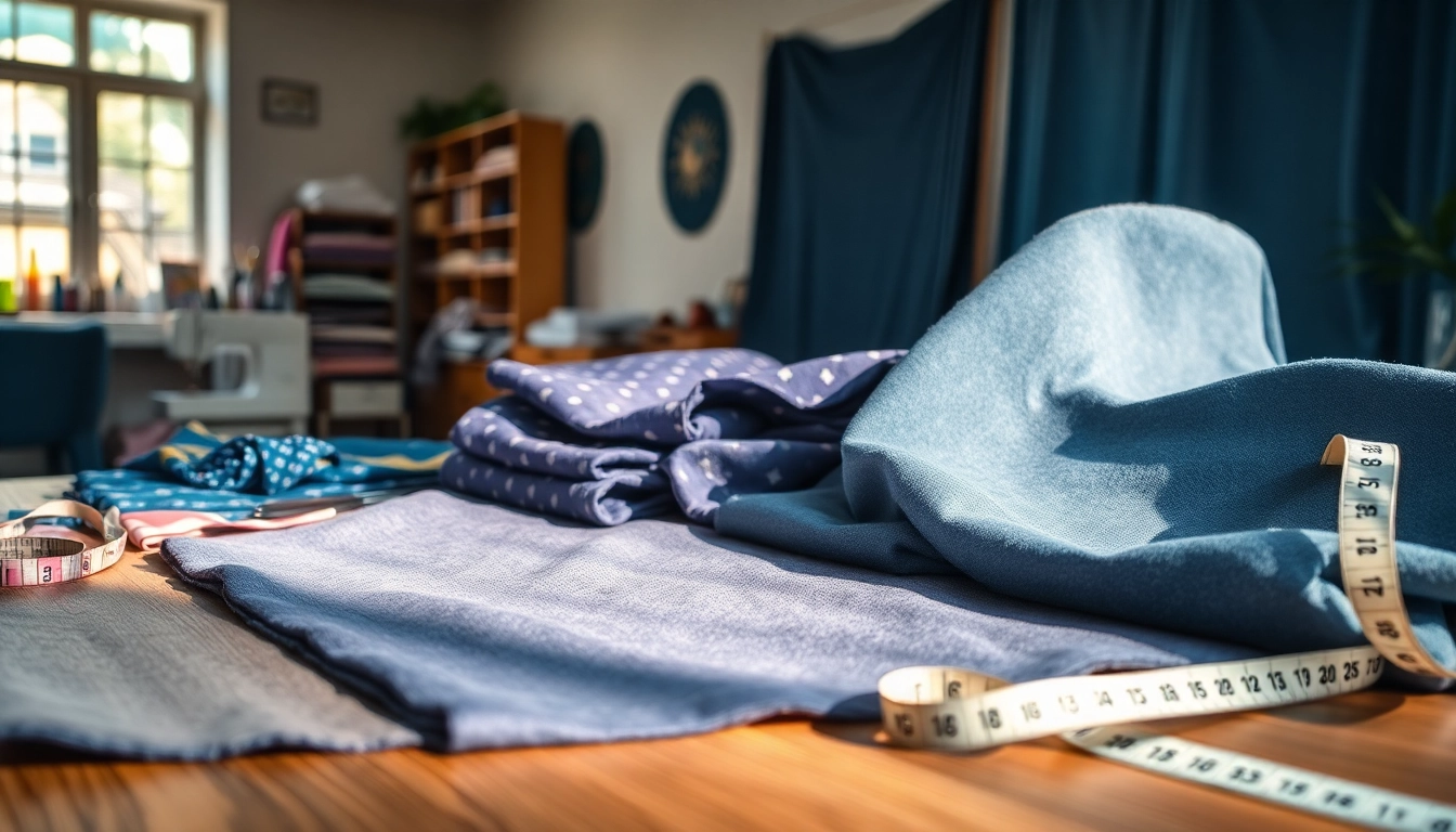Bekijk terlenka broekenstof op een elegante manier gepresenteerd in een naaiatelier.