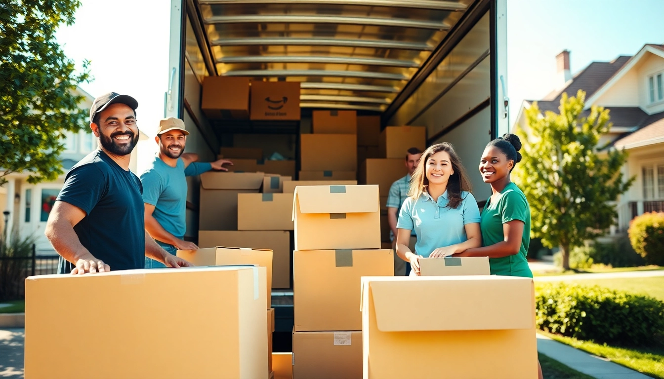 Efficient team offering local moving services while loading a truck in a sunny suburban neighborhood.