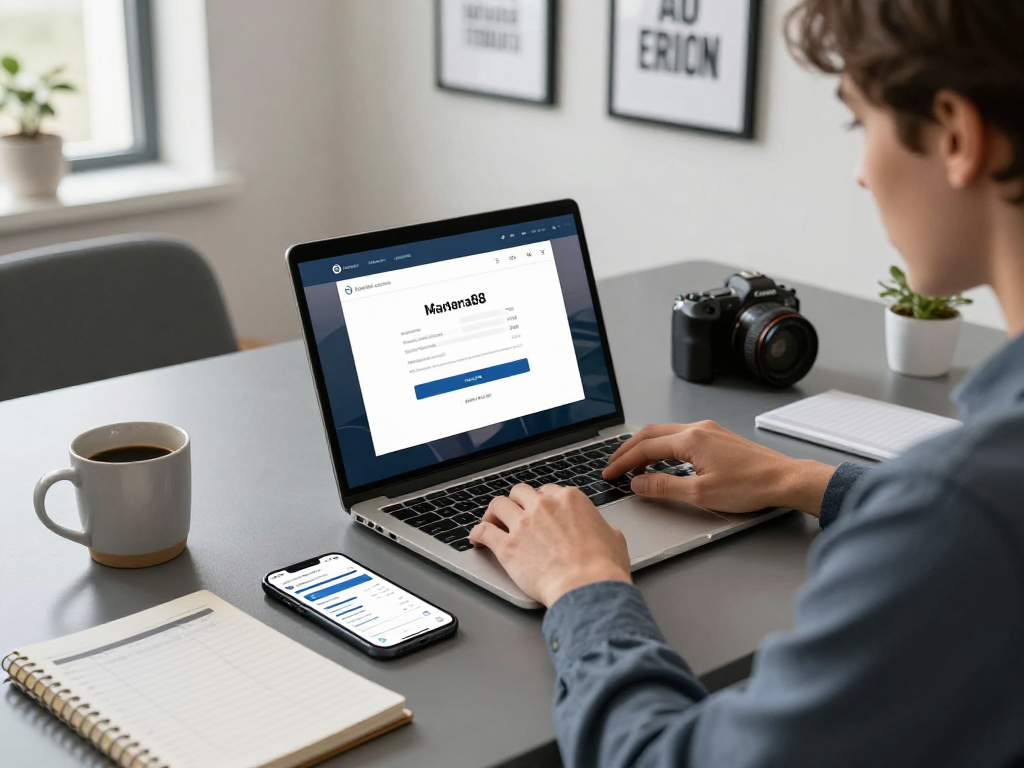 mantra88 login interface on laptop in a modern finance workspace