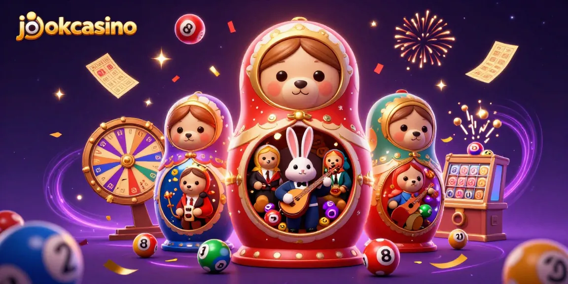 Engaging 3D illustration showcasing jokacasino elements with cartoon bears revealing smaller dealers, surrounded by lottery effects.