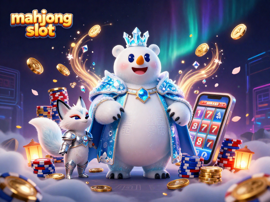 Engage with the mahjong slot adventure featuring a polar bear king and snow fox amidst dazzling casino elements.