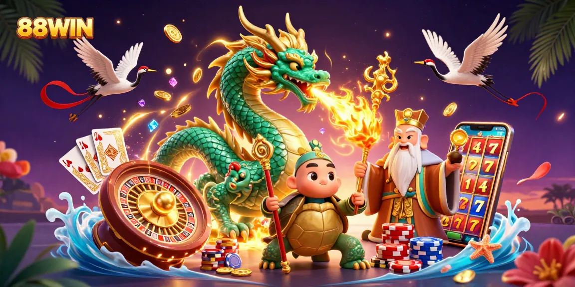 Experience excitement at 88WIN with vibrant casino elements, majestic characters, and winning moments!