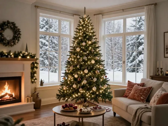 Tall skinny Christmas tree decorated with lights and ornaments in a cozy living room setting during the holidays.