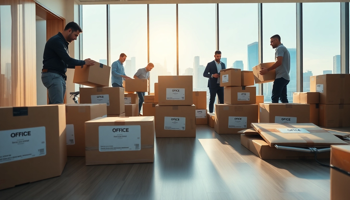 Efficient team managing Office Moving Services NYC, packing carefully in a modern workspace.
