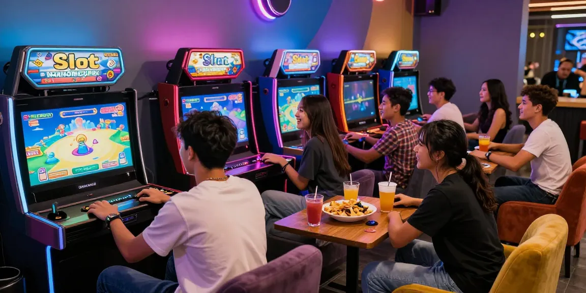 Group of friends playing Slot MAHJONGJP88 in a vibrant gaming lounge.