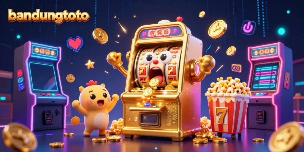 Experience bandungtoto's thrill as a golden slot machine hits its jackpot, coins flying everywhere!