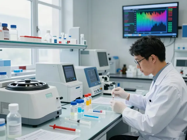 Researcher analyzing Swiss Chems peptides in a modern lab setting, showcasing advanced equipment and data.