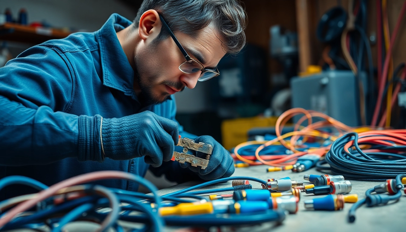 Un elettricista utilizza una pinza elettricista per crimpare e spelare cavi in un ambiente di lavoro ben illuminato, mostrando precisione e attenzione ai dettagli.