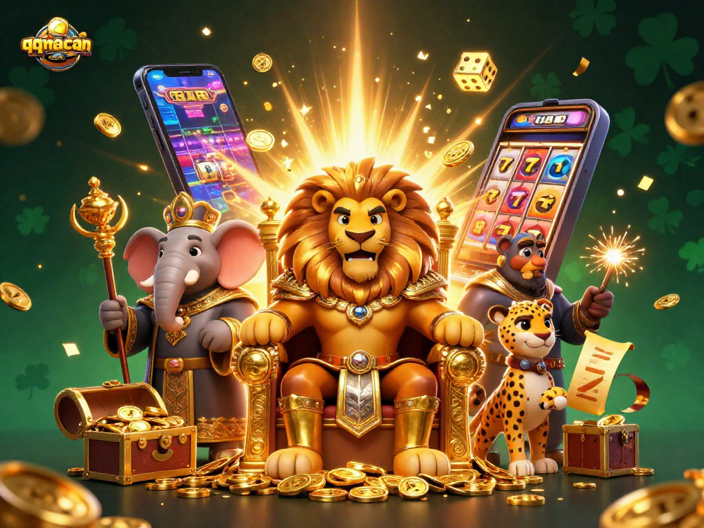 The fierce lion king represents qqmacan in an ultra-detailed casino scene with gold and vibrant game elements.