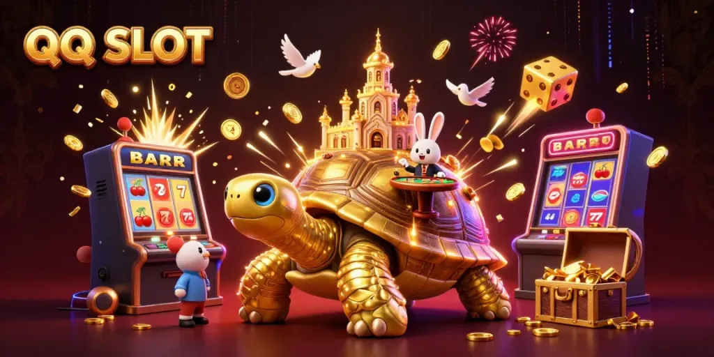 Experience the thrill of QQ SLOT with vibrant 3D casino elements showcasing golden tortoise and jackpot excitement.