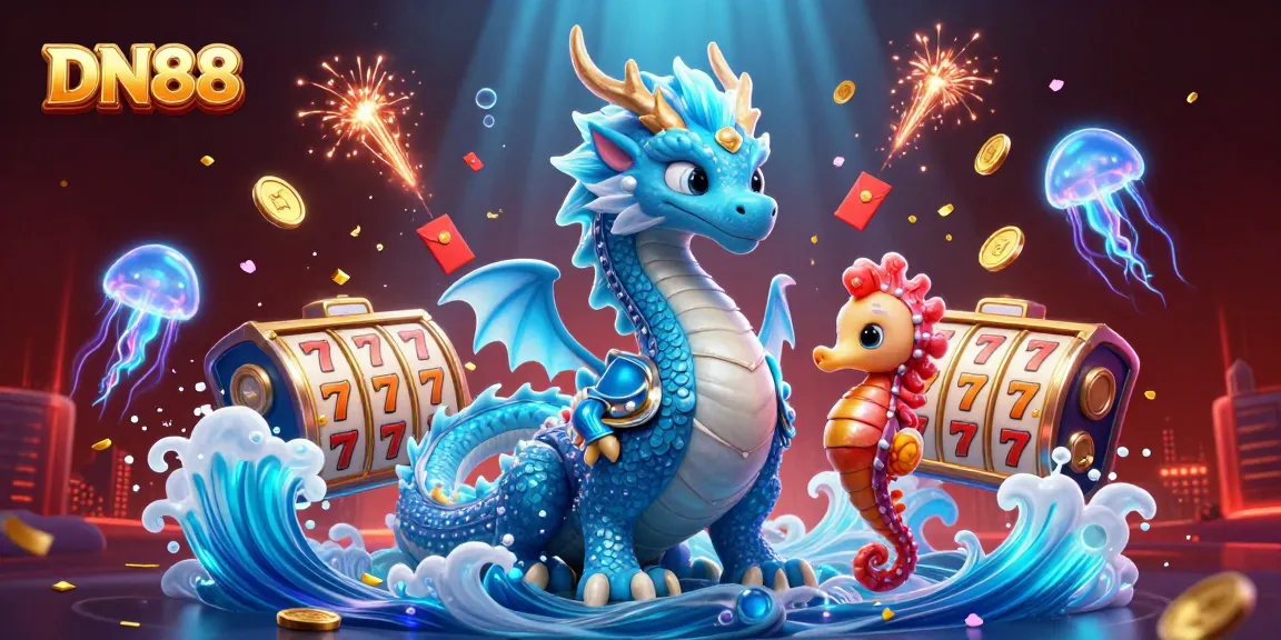Experience the thrill of DN88 gaming with vibrant dragons and exciting slot elements in a stunning 3D scene.