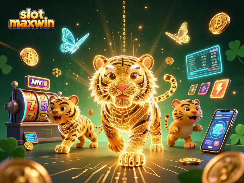 Experience the thrill of slot maxwin with neon tigers and floating coins in a dazzling digital casino.