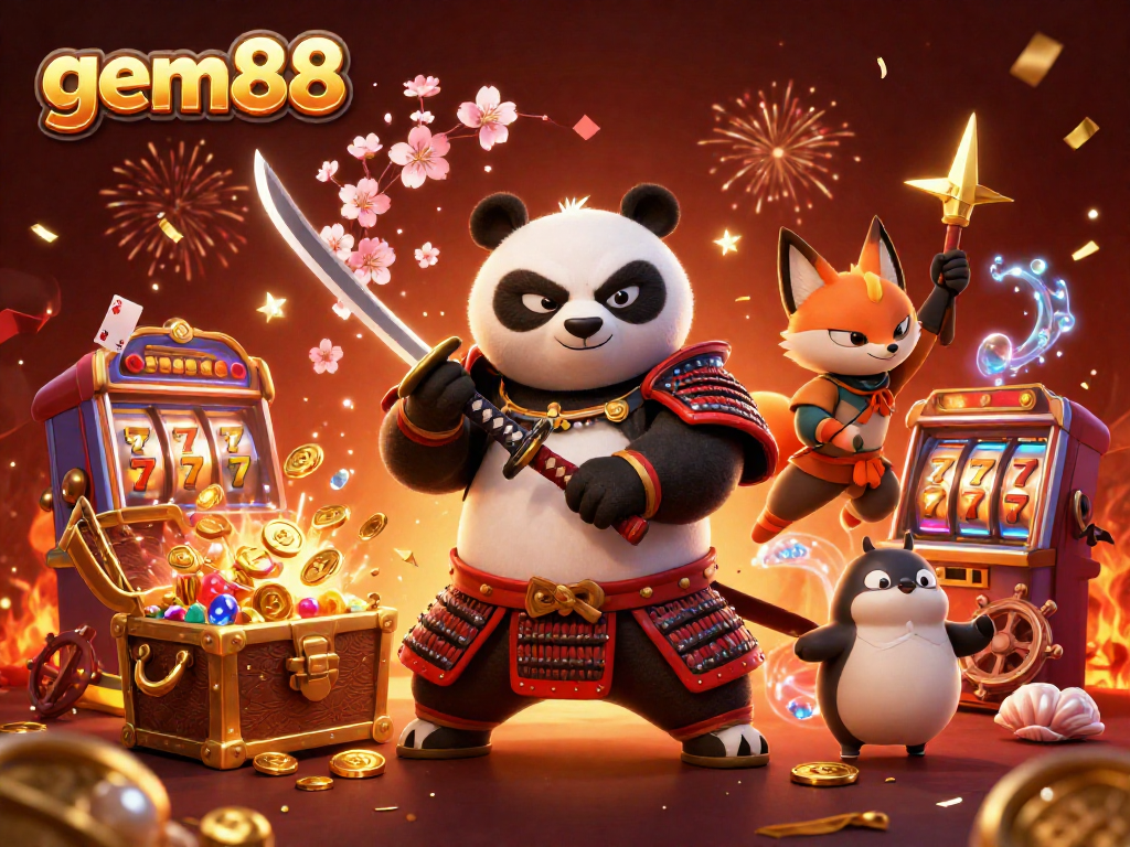 Experience thrilling gameplay with gem88 in a vibrant 3D casino illustration featuring samurai and fox characters.