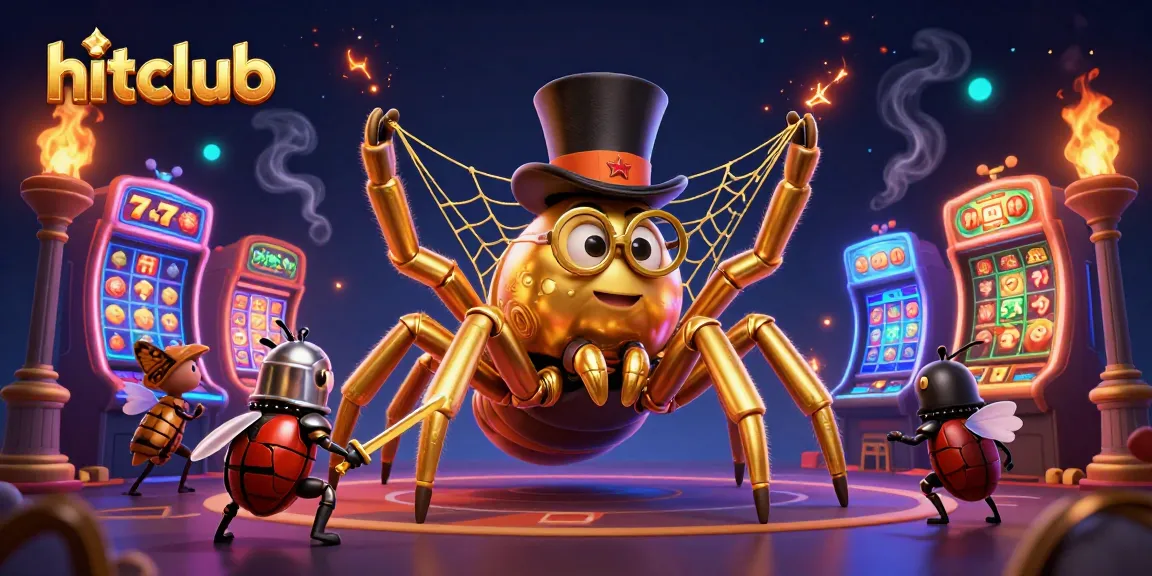 Experience the excitement of hitclub with a giant golden tarantula and beetle knight in a lively casino setting.