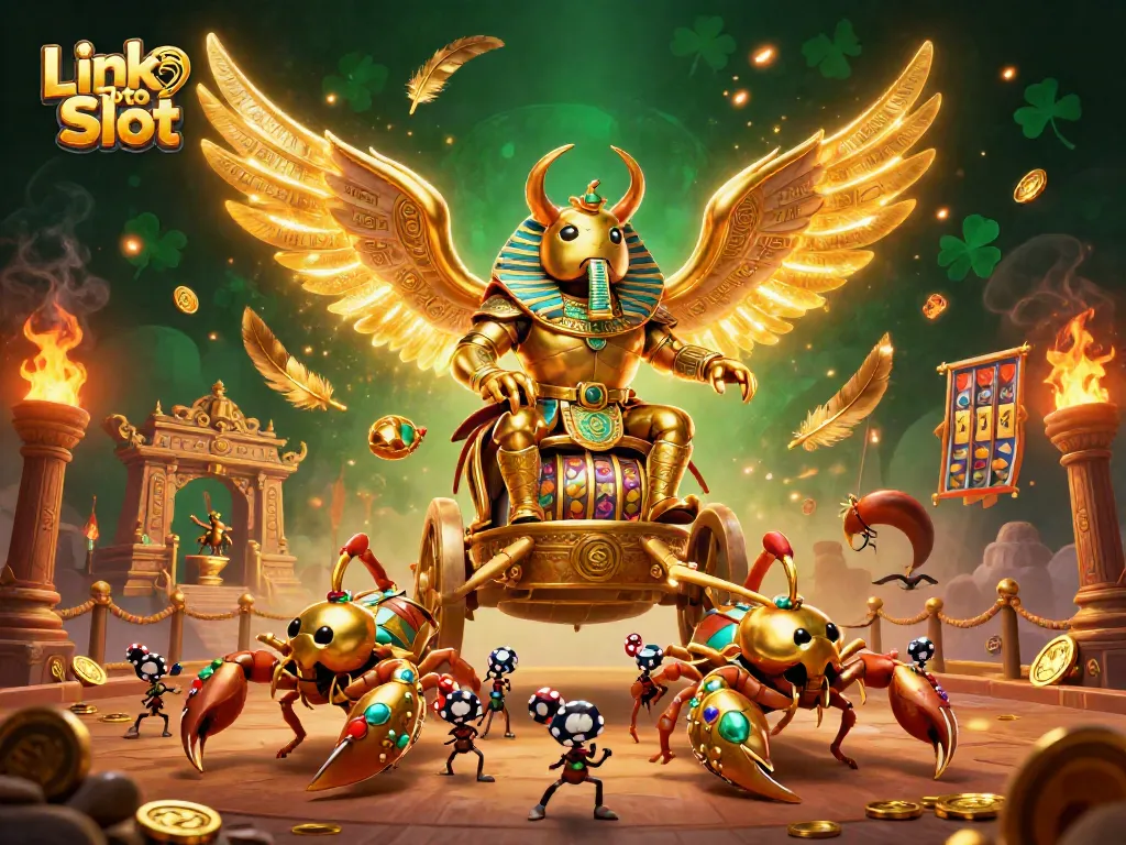 Dengan Menggunakan Link Toto Slot, ilustrasi kasino dengan scarab berlapis emas dan skenario yang bersemangat.