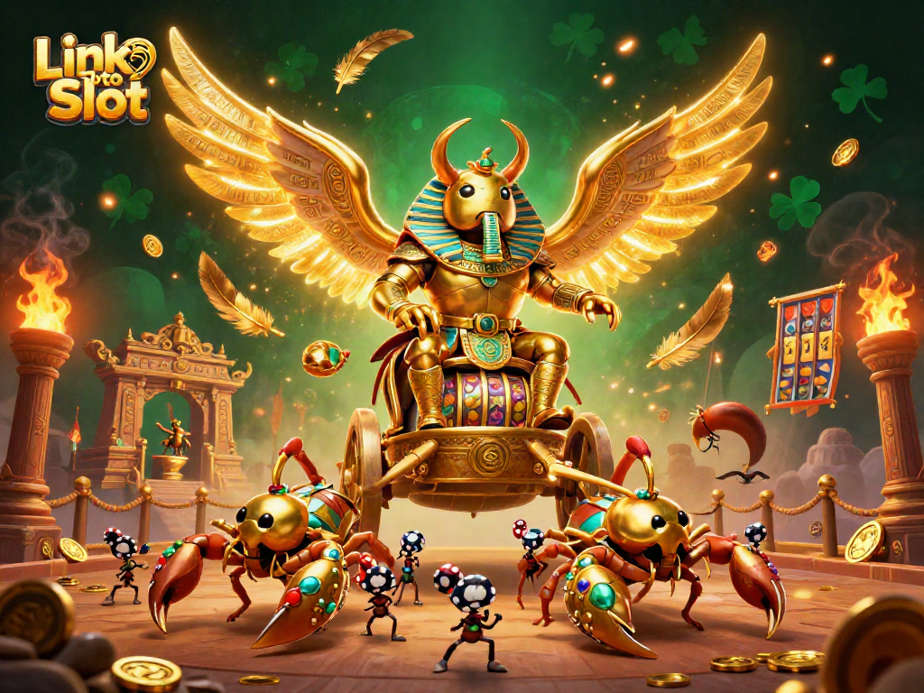 Dengan Menggunakan Link Toto Slot, ilustrasi kasino dengan scarab berlapis emas dan skenario yang bersemangat.