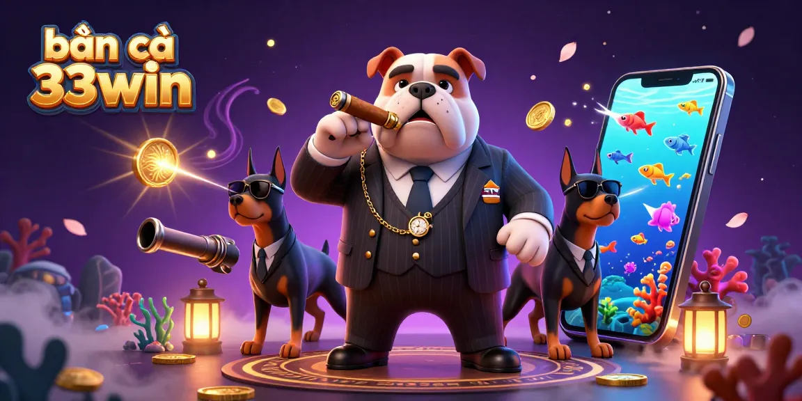 Bắn cá 33win shooting game illustration featuring a bulldog mafia boss and Doberman bodyguards with vibrant fish elements.