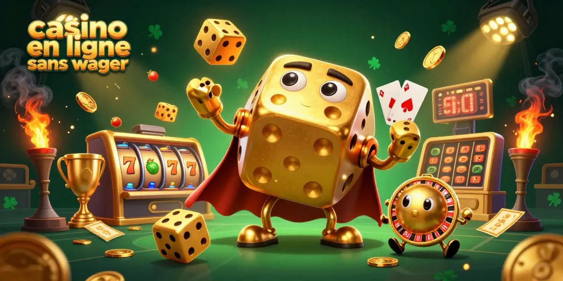 Jouez dans un casino en ligne sans wager avec une illustration 3D dynamique de dés dorés et des éléments de jeu captivants.