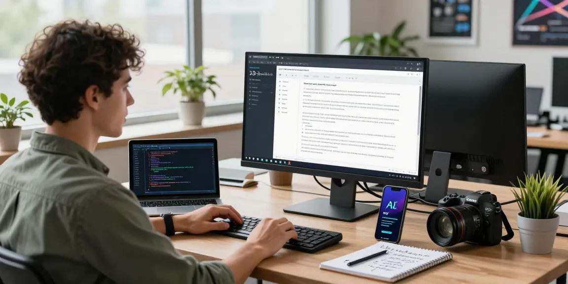 Illustration of AI detection workspace showcasing software analysis, modern tech gadgets, and dynamic AI data visualizations.