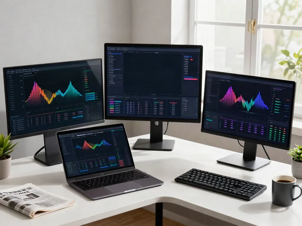 stock API Python and cryptocurrency trading setup with live charts, digital wallet, and dual monitors.