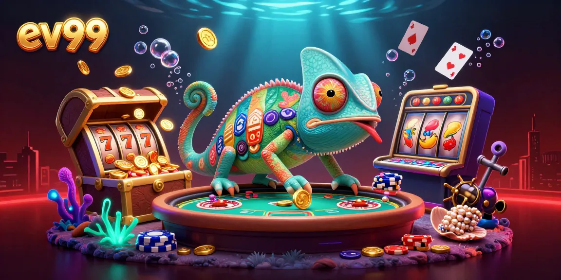 Win big at ev99 with a colorful chameleon casino owner amidst exciting gaming elements.